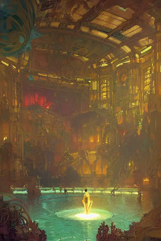 Image similar to Concept Digital Art Highly detailed Alien Art Deco Cybertron lazy river inside of the Palace of the Primes with glowing blood water at night by greg rutkowski, Ilya repin, alphonse mucha, and Edmund Blair Leighton. Very highly detailed 8K, octane, Digital painting, the golden ratio, rational painting, sharp