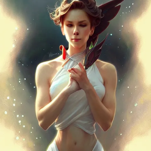 Image similar to Misty from Pokemon, fantasy, intricate, elegant, highly detailed, digital painting, artstation, concept art, matte, sharp focus, illustration, art by Artgerm and Greg Rutkowski and Alphonse Mucha
