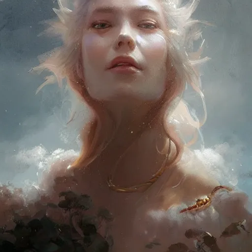 Image similar to a beautiful portrait of a cloud goddess by Greg Rutkowski and Raymond Swanland, Trending on Artstation, ultra realistic digital art