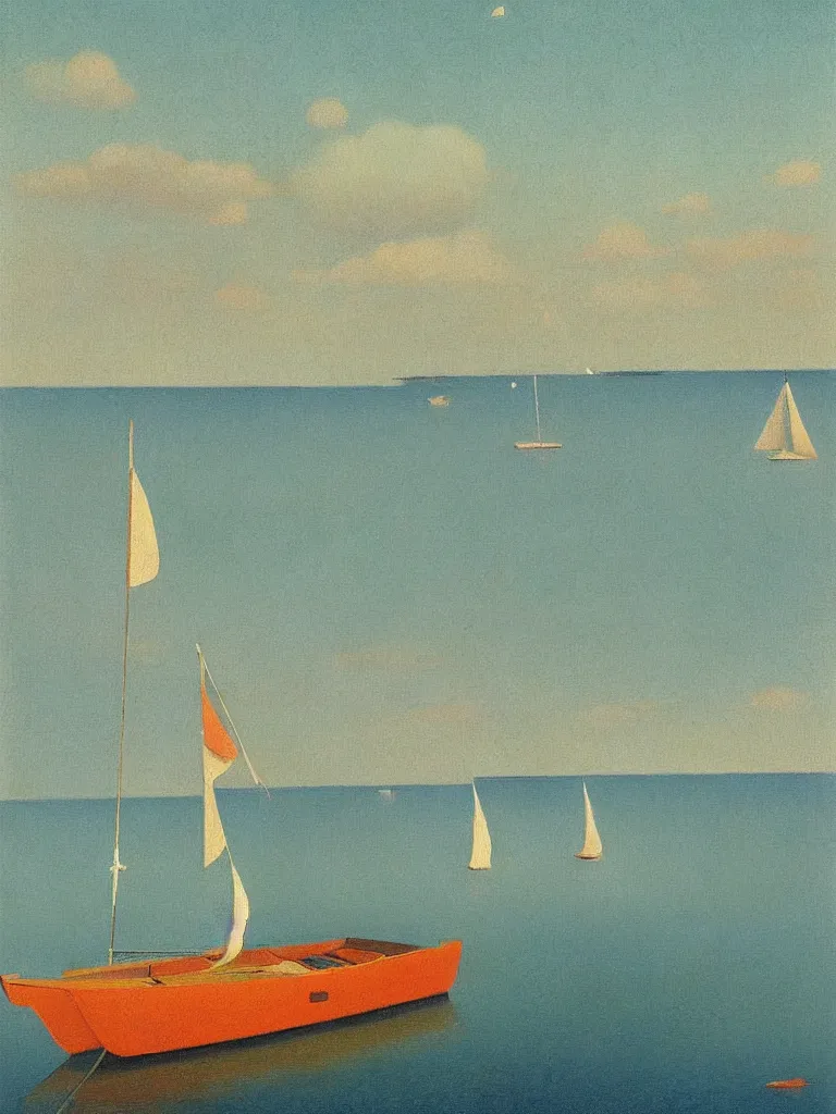 Prompt: a neo retro poster a boat at bassin d'Arcachon, australian tonalism, pale gradients design, matte drawing, clean and simple design, outrun color palette. painted by Morandi, Agnes Pelton