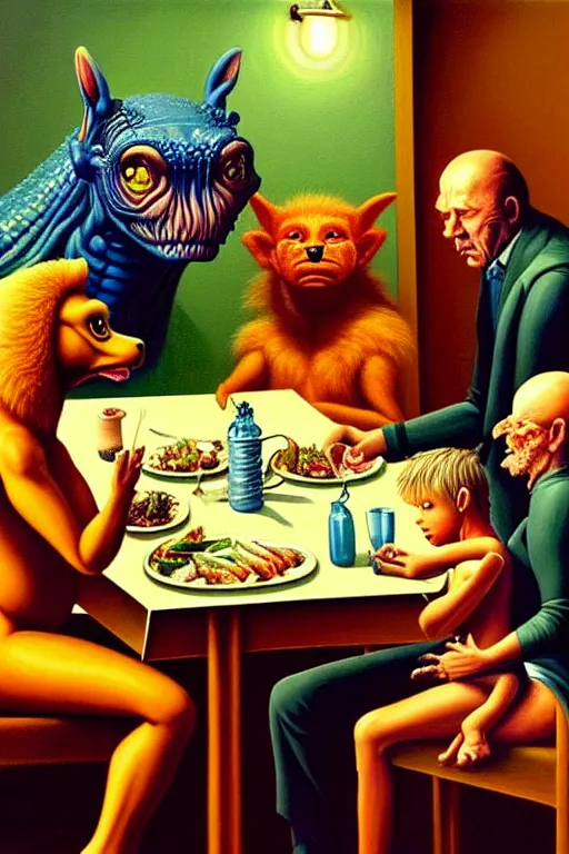 Image similar to a hyperrealistic painting of a chimeric creature sitting down at dinner table with happy suburban family on a sunday night while dad reads a newspaper, by chris cunningham and richard corben, highly detailed, vivid color,