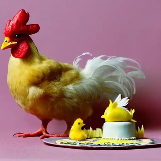 Image similar to one small hatchling baby chick and one big rooster stand near a birthday cake