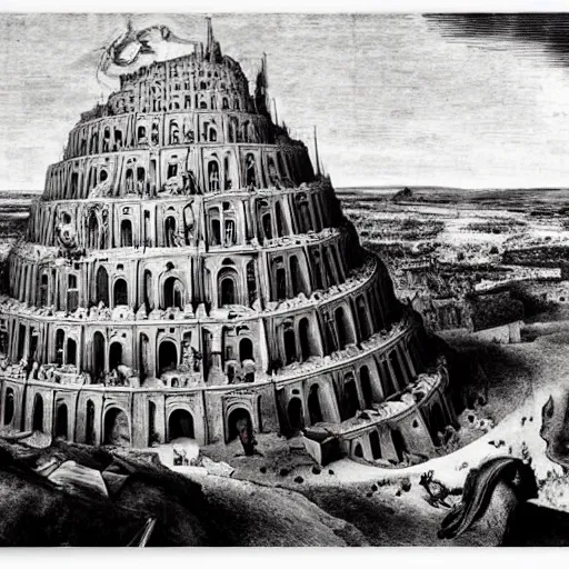 Image similar to The Tower of Babel by Bruegel, drawn by Salvador Dali