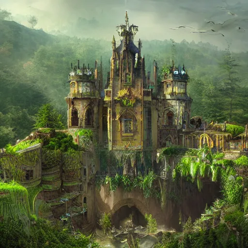 Image similar to a hyperrealistic digital matte painting of a verdant fantasy countryside, very far royal steampunk castle, highly detailed, trending on artstation