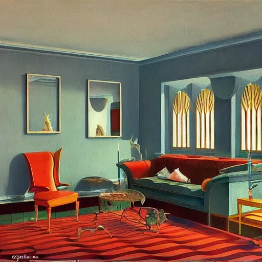 Prompt: art deco living room, open ceiling, highly detailed, very coherent, painted by Francis Bacon and Edward Hopper, Wayne Barlowe, painted by James Gilleard, surrealism, airbrush, art by JamesJean