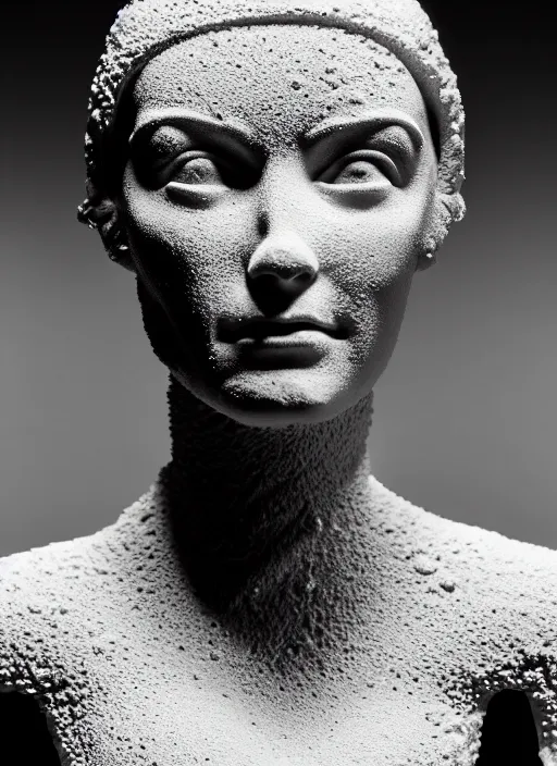 Image similar to a young female cyborg bust made of ice and concrete, dramatic, ilford hp 5, closeup - view, f / 2. 8, high contrast, 1 6 k, fluorescent lamp, contre - jour, insanely detailed and intricate, hypermaximalist, elegant, ornate, hyper realistic, super detailed