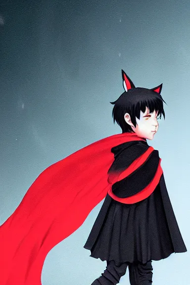 Prompt: little boy with cat ears in an black outfit with red cape. digital artwork made by lois van baarle and kentaro miura and marc simonetti and sakimichan, sharpness focus, inspired by hirohiko araki, anatomically correct, heroic composition, hero pose, smooth