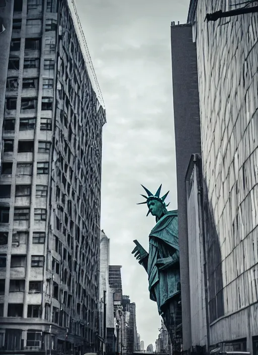 Prompt: giant monster walking between buildings, and it has the face of the statue of liberty