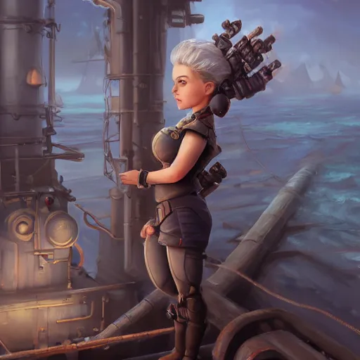 Image similar to beautiful muscular charming female gnome engineer, cryogenic arms, short black pixie undercut hair, standing on ship deck, naval background, intricate, fantasy magic, highly detailed, full body, wide angle portrait, digital painting, artstation, smooth, sharp focus, great composition, illustration, art by Greg Rutkowski, trending on artstation