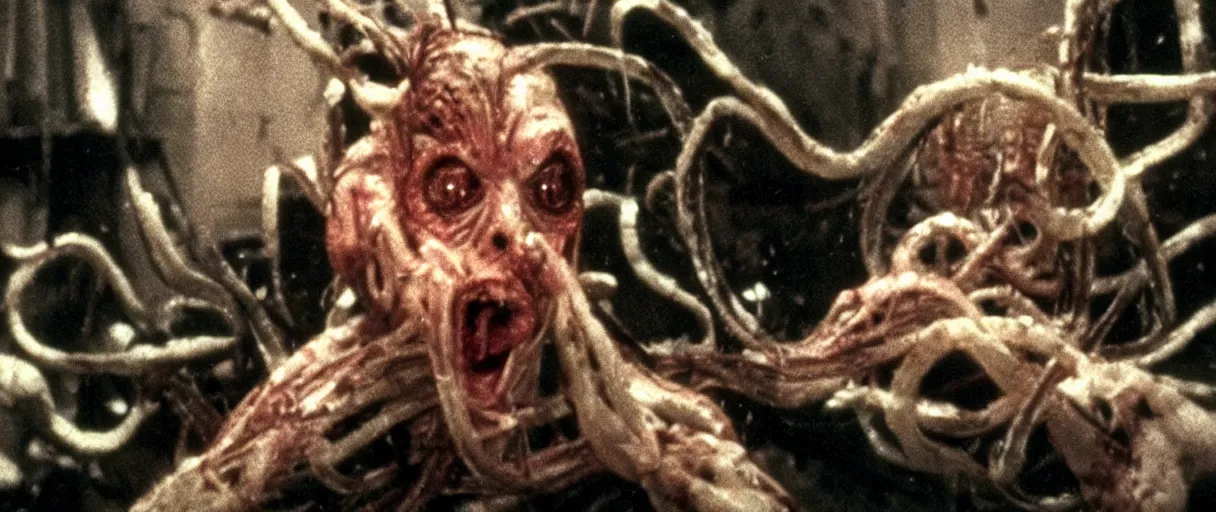 Image similar to filmic dutch angle movie still 4 k uhd 3 5 mm film color photograph of a screaming horrified doctor looking down, his hand has been tangled into a bundle of re - animated alien spiney tendrils, in the style of a horror film