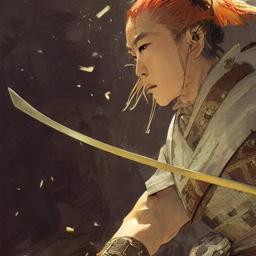 Image similar to A samurai in battle, D&D, fantasy, intricate, cinematic lighting, highly detailed, digital painting, artstation, concept art, smooth, sharp focus, illustration, art by Akihiko Yoshida, Greg Rutkowski and Alphonse Mucha