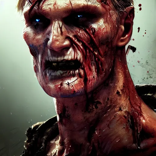 Prompt: dolph lundgren as a flesh eating zombie with cuts on face, 7 days to die zombie, fine art, award winning, intricate, elegant, sharp focus, cinematic lighting, highly detailed, digital painting, 8 k concept art, art by guweiz and z. w. gu, masterpiece, trending on artstation, 8 k