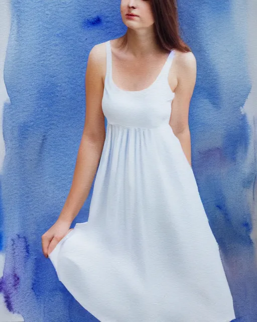 Image similar to watercolor picture of a beautiful young woman in white dress, high key, 8k