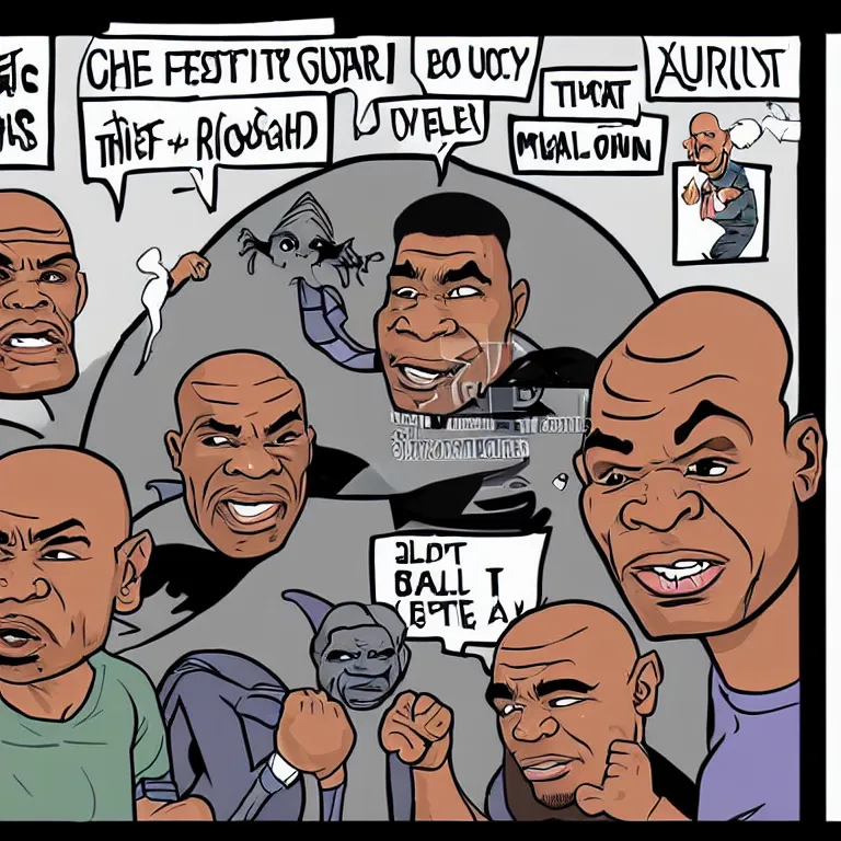Image similar to Joe Rogan, Mike Tyson and an Alien in the style of a newspaper cartoon.