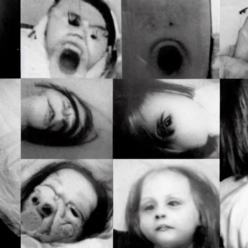 Image similar to photographs found from a lost hard drive that show horrifying images of special cases in a hospital, 1 9 7 4, cursed footage
