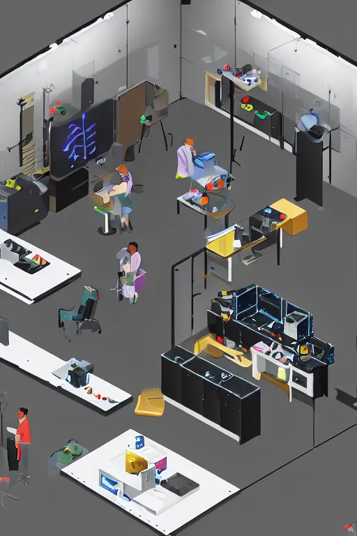 Image similar to dark isometric tech lab with shiny holographic control panels and a lizard scientist operator