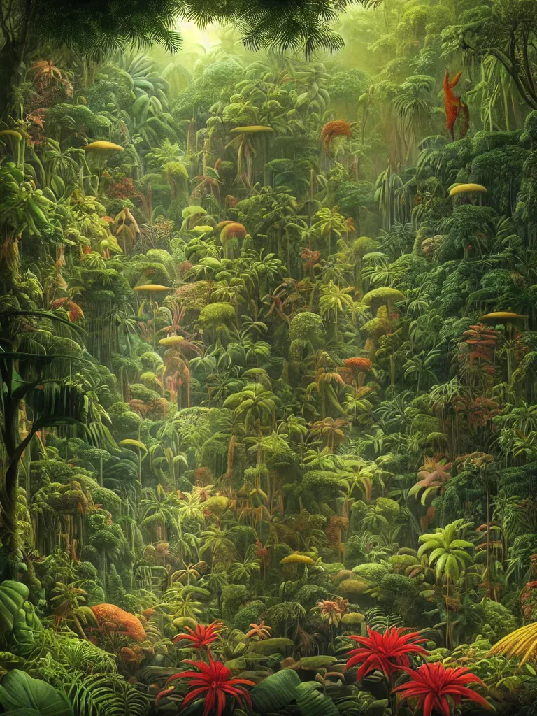 Image similar to a beautiful but foreboding dream inside the lush Malaysian jungle with exotic rainforest flora and fauna where time seems to stand still by Martin Johnson Heade, Hiroshi Sugimoto, Henri Rousseau, Ernst Haeckel, foggy memories of invisible primordial spirits, medium close up shot, wide angle lens, photorealism, anaglyph filter, cinematic mood lighting, National Geographic photography, trending on Art Station.