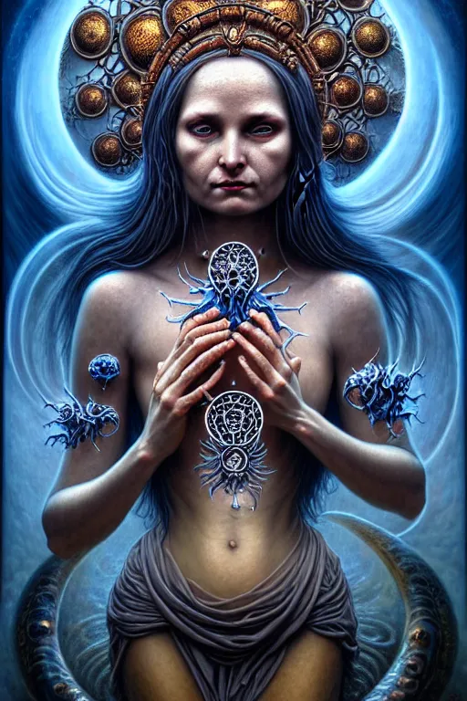 Prompt: A beautiful detailed goddess woman with 6 arms super dark tarot card, by tomasz alen kopera and Justin Gerard, 4 eyes, beautiful symmetrical features, ominous, magical realism, texture, intricate, ornate, royally decorated, melting, whirling smoke, embers, blue adornements, blue torn fabric, radiant colors, fantasy, trending on artstation, volumetric lighting, micro details, 3d sculpture, ray tracing, 8k, anaglyph effect
