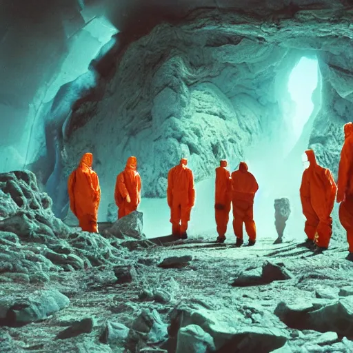 Prompt: wide - shot photo of a group of scientists in hazmat suits, studying a hell open rift portal, by shaun tan, codachrome, hellish, unsettling, otherworldly, smoke, machines, floating rocks, megalophobia, 8 k, hd, highly detailed,