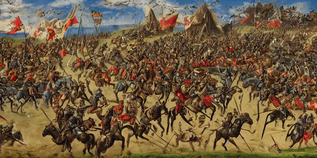 Image similar to medieval battlefield filled with cavalry fleeing from monster trucks