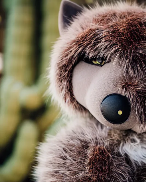 Image similar to portrait photo headshot still of a fursuit, 8 k, 8 5 mm f 1. 8, fursuit, made fur you, don't hug cacti