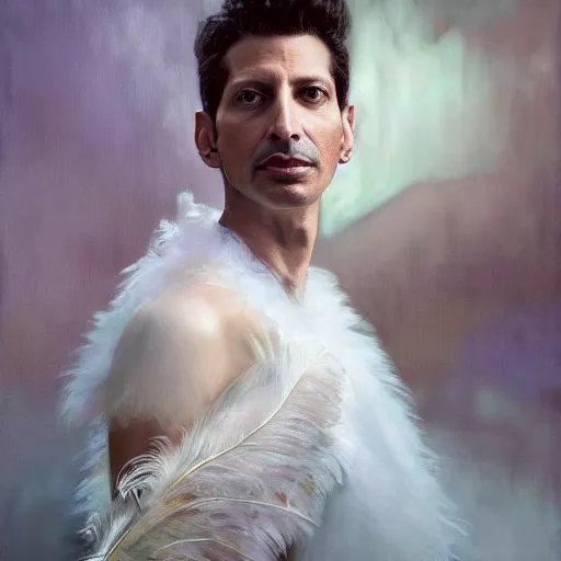 Image similar to hyperrealistic portrait of a man as jeff goldblum touching neck noir white swan dress wearing sapphire jewellery with long feather collar by jeremy mann and alphonse mucha, fantasy art, photo realistic, dynamic lighting, artstation, poster, volumetric lighting, very detailed faces, 4 k, award winning