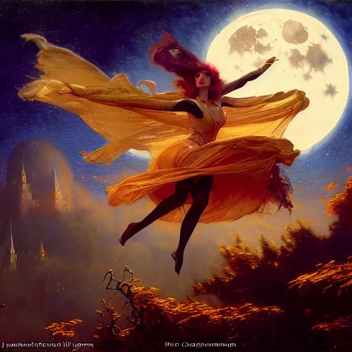 Image similar to attractive witch magically flying trough the night, fantasy, full moon in background. highly detailed painting by gaston bussiere, craig mullins, j. c. leyendecker 8 k