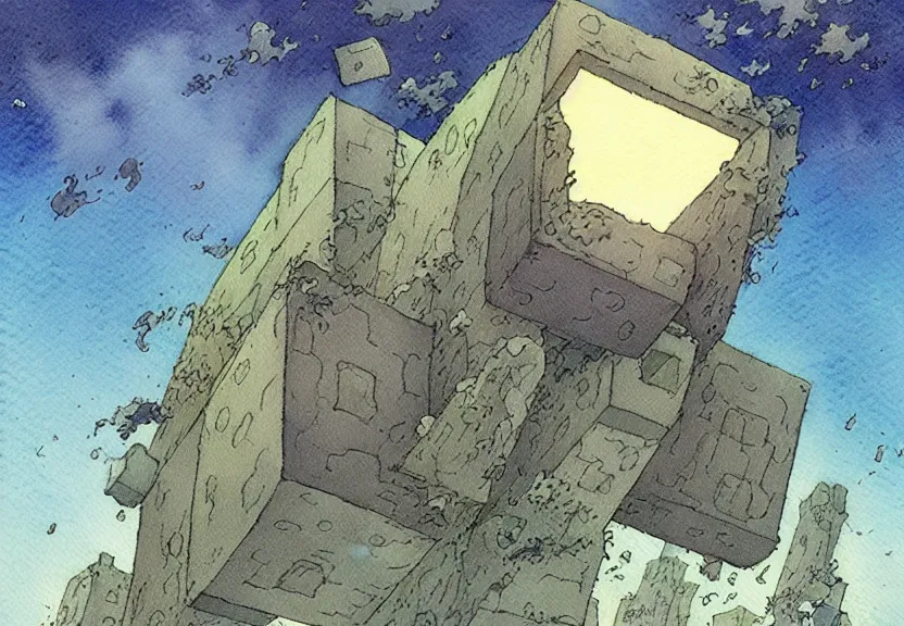 Prompt: a simple watercolor fantasy concept art of a giant dark grey cube inside a force field floating in the air. by studio ghibli, rebecca guay, michael kaluta, charles vess