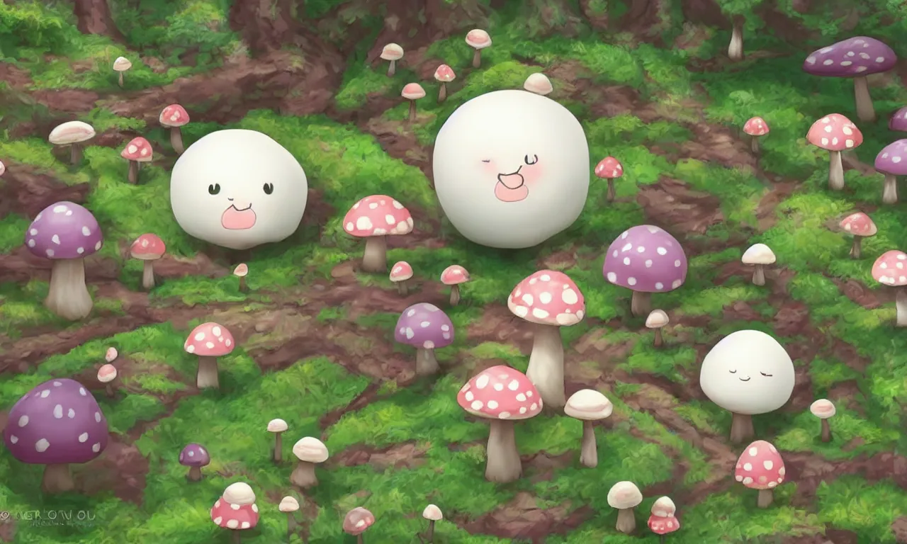 Prompt: a cartoon render of a cute little mochi ball exploring a mushroom forest, kawaii face