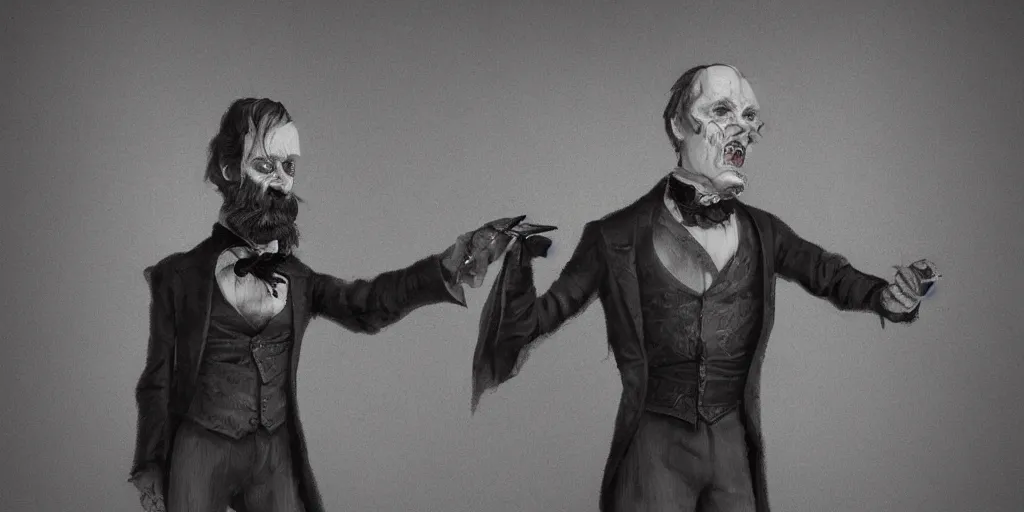 Image similar to evil victorian man with his hand up, controlling people like a puppet, fantasy, digital art, trending on artstation