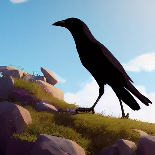 Prompt: a wholesome animation key shot of a crow on a hill, studio ghibli, pixar and disney animation, sharp, rendered in unreal engine 5, anime key art by greg rutkowski, bloom, dramatic lighting