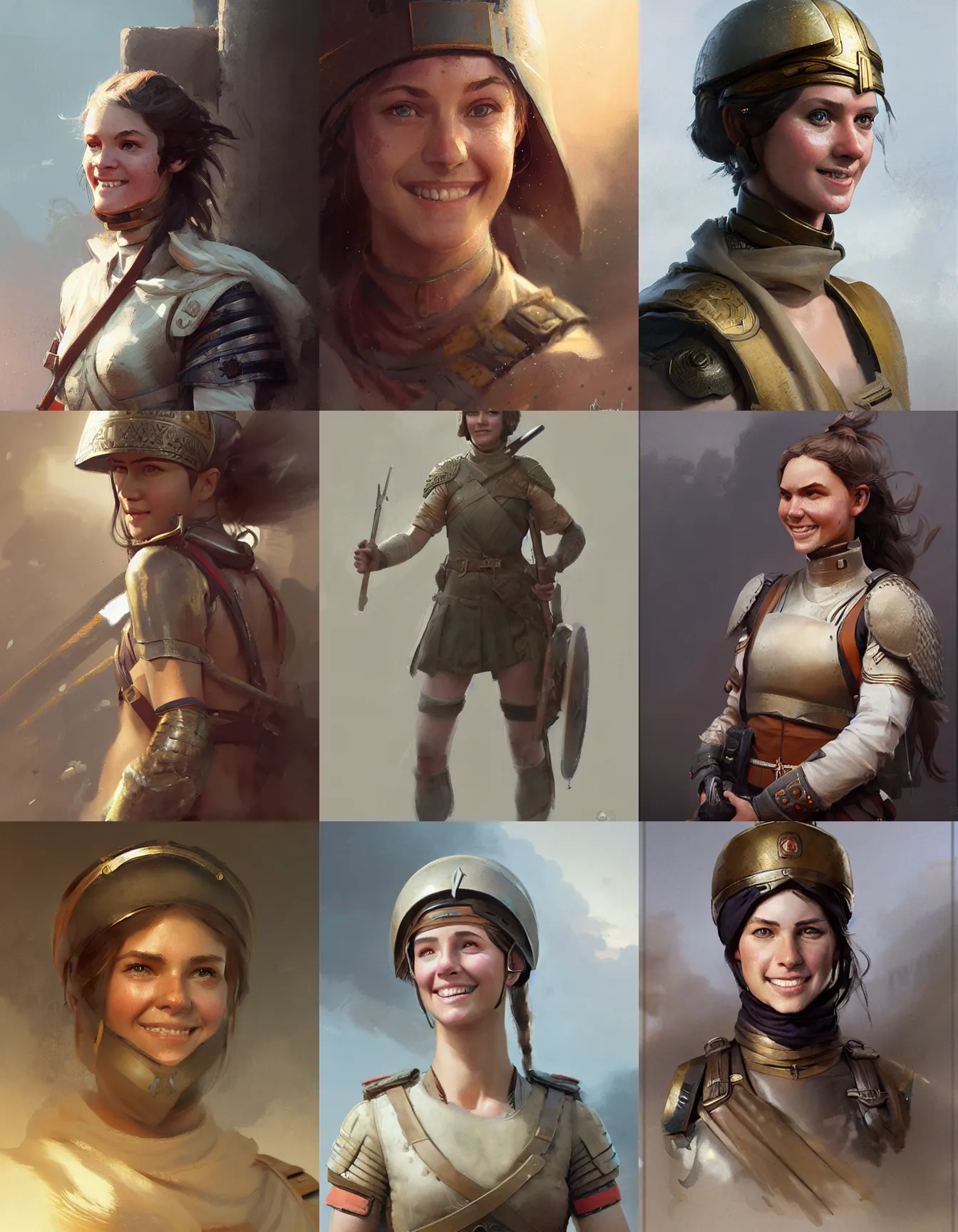 Prompt: young female roman soldier, smiling, digital portrait by greg rutkowski, intricate, soft focus, highly detailed, cinematic, epic, artstation