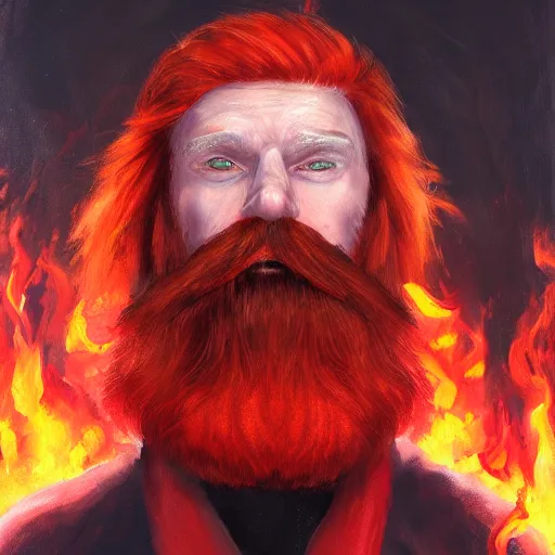 Image similar to grumpy red haired man with red beard, wearing black coat, fire behind him, oil painting, fantasy artwork, fantastic artwork, 4 k, trending on artstation