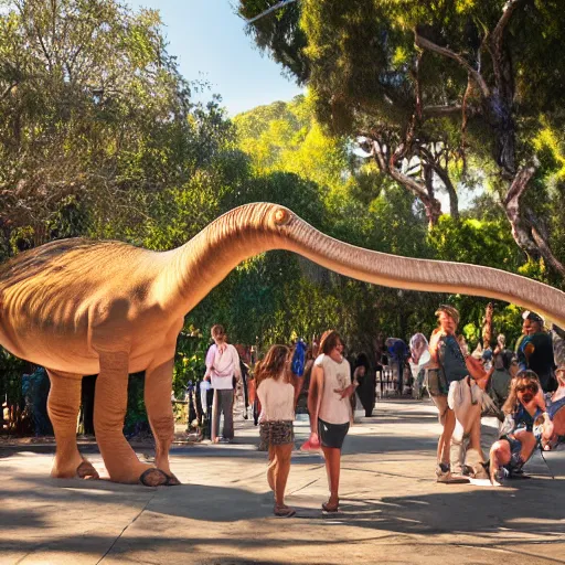 Image similar to photograph of a polaroid of a real brontosaurus exhibit at san diego zoo, tourists in background, bokeh, high definition, slr, golden hour, realistic skin