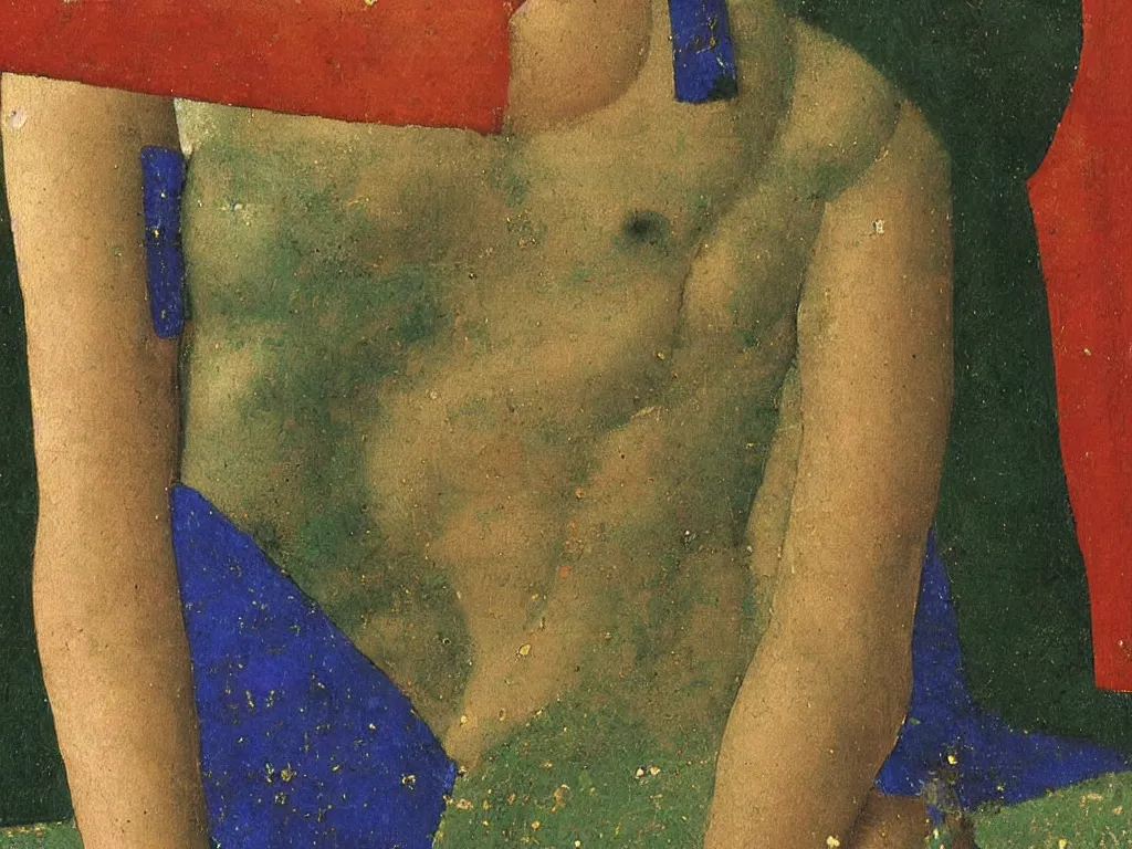 Image similar to close up of a chest of a woman in dress. lapis lazuli, malachite, cinnabar, gold. painting by piero della francesca, balthus, agnes pelton