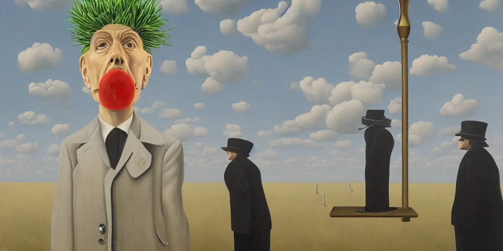 Prompt: Very detailed and high quality painting of a surreal nightmare, in the style of Magritte