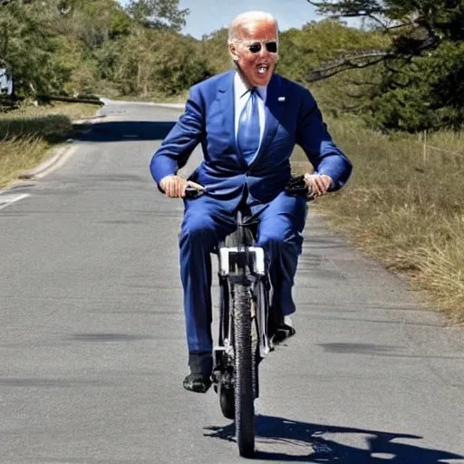 Prompt: ultra realistic photo of joe biden falling off of his bike, film, perfect face, in the style of a candid photo