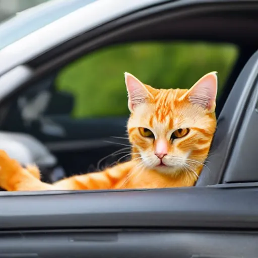 Image similar to an orange tabby cat driving a car like a human