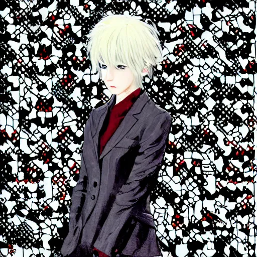 Image similar to Three quarter view Yoshitaka Amano style portrait of an anime girl with short white hair and different eyes wearing suit with patterns, abstract black and white background, film grain effect, highly detailed, oil painting, twin peaks color palette