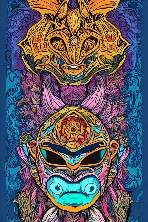 Image similar to animal mask totem roots flower tribal feather gemstone plant wood rock shaman vodoo video game vector cutout illustration vivid multicolor borderlands comics by josan gonzales and dan mumford radiating a glowing aura