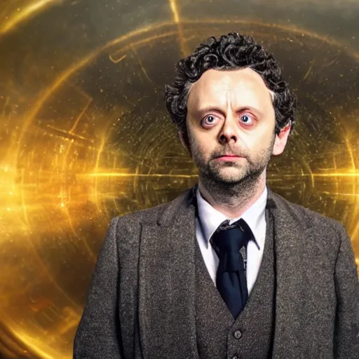 Prompt: a beautiful full body photograph of michael sheen as'doctor who ', time vortex in the background, detailed face, symmetrical face, extreme realism and detail, 8 k, completely framed, direct lighting, 3 5 mm photo, photorealistic, sharp focus