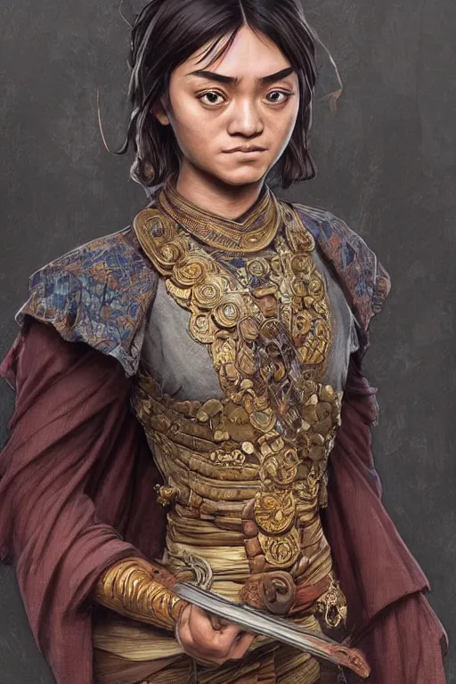 Image similar to ancient javanese arya stark, highly detailed, digital painting, artstation, concept art, smooth, sharp focus, illustration, ArtStation, art by artgerm and greg rutkowski and alphonse mucha and J. C. Leyendecker and Edmund Blair Leighton and Katsuhiro Otomo and Geof Darrow and Phil hale and Ashley wood and Ilya repin and Charlie Bowater