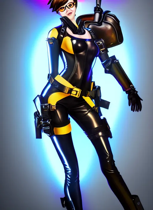 Image similar to full body digital artwork of tracer overwatch, confident pose, wearing black iridescent rainbow latex, 4 k, expressive happy smug expression, makeup, in style of mark arian, wearing detailed black leather collar, wearing sleek armor, black leather harness, expressive detailed face and eyes,