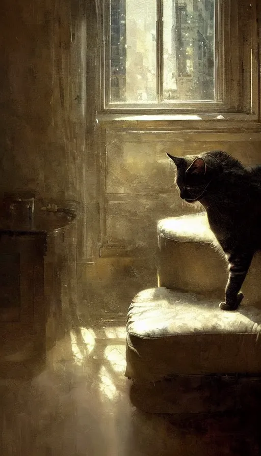 Prompt: a dramatic portrait of a cat inside a modern apartment, intricate oil painting, hyperdetailed, ethereal, cinematic, dramatic lighting, by jeremy mann and julius adam ii