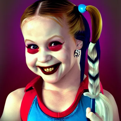 Image similar to baby harley quinn with pigtail in hair like pebbles flintstones playing with a magic wand, full body, big head, large smile, pixar style, happy, chill out, rending, trending on artstation