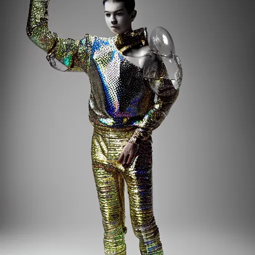 Image similar to a portrait of a beautiful young male wearing an alexander mcqueen armor made of holographic bubbles , photographed by andrew thomas huang, artistic