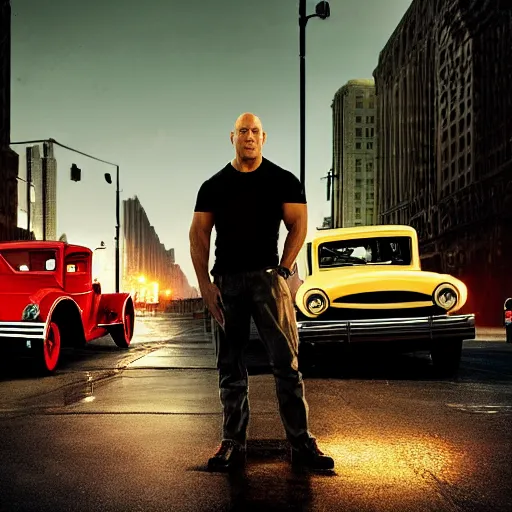 Image similar to very closeup photo of vin diesel as tommy angelo standing near ford model t, chicago 1 9 3 0, night, volumetric lighting, ultra realistic, highly detailed, cinematic, art by jan urschel and neil blevins