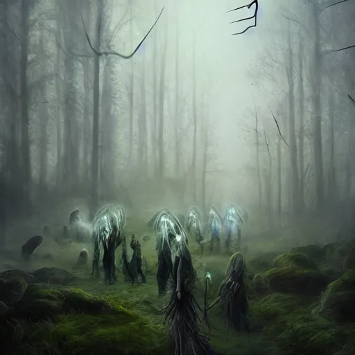 Image similar to aspectacular moody fantasy painting, spectral figures coming out of the fog with their pack of wolves, leaves and feathers twisted in their hair, moss growing on their clothes, destructive magic pulsing at their fingertips, cgsociety art