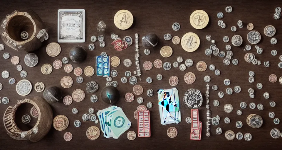 Image similar to a knolling of magicians props, wands, linking rings, playing cards, coins, cups and balls, overhead view, flatlay