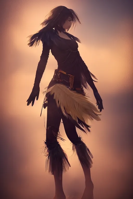 Image similar to beautiful young wind spirit, leather top, feather skirt, , golden hour, full body, post apocalyptic setting, medium shot, mid-shot, highly detailed, trending on Artstation